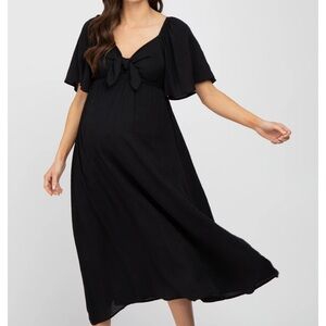 Pink Blush Black Front Tie Ruffle Sleeve Maternity Midi Dress